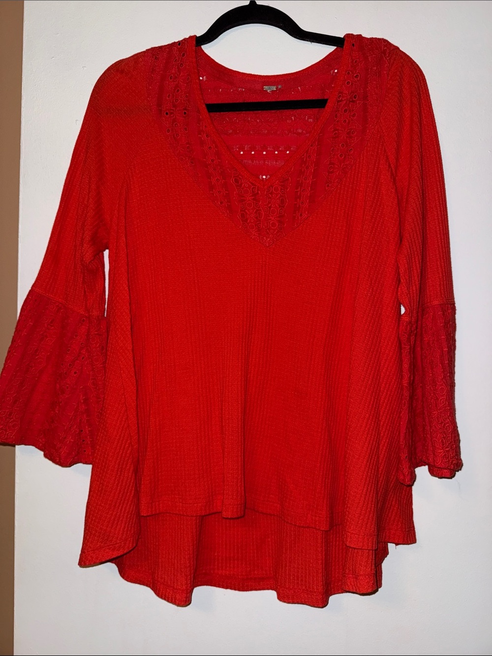 Free People Women's Red Lace-Trim Bell Sleeve Top